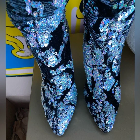 Free People Midnight Party Velvet Sequin Scrunch Boots Heels 38 7.5 festival - Picture 5 of 15